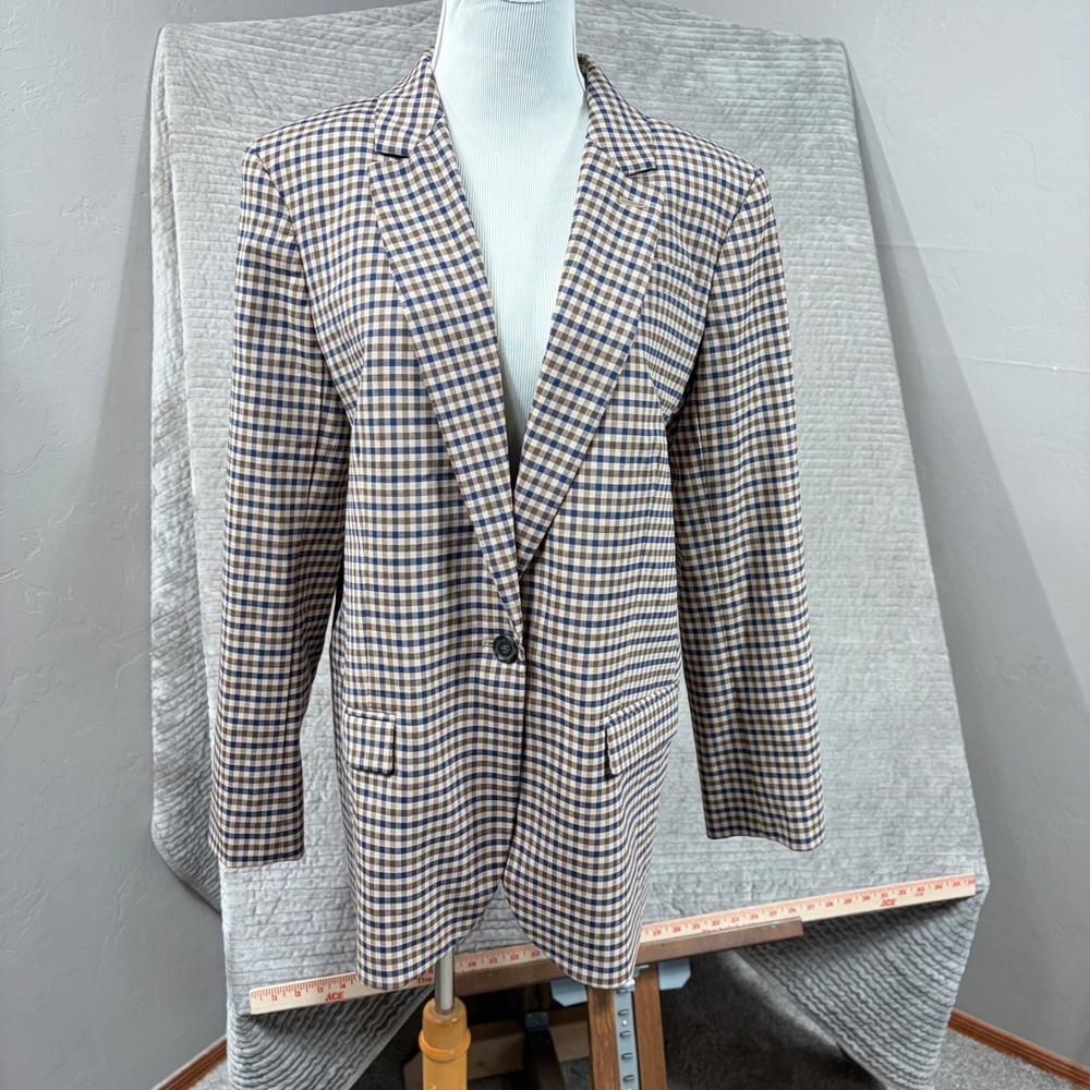 J.Crew Alfie Blazer Italian Stretch Wool Tollegno 1900 Gingham Blue Brown 14
